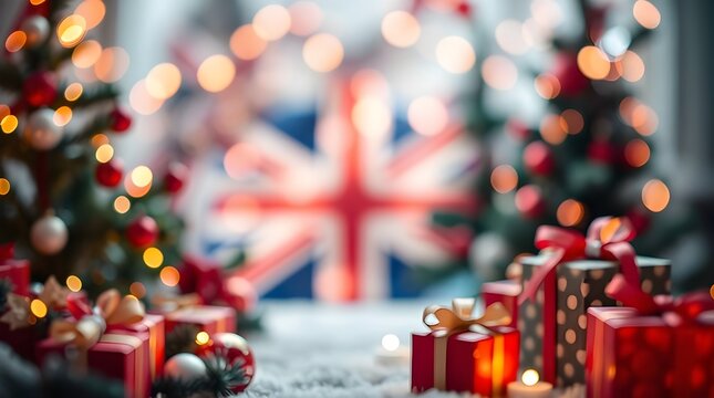 A festive Christmas tree decorated with gold ornaments and red ribbons stands above a pile of wrapped gift boxes with bows, celebrating the winter holiday season with pine branches and xmas balls
