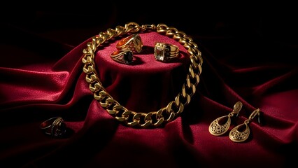 Dark still life of gold jewelry on velvet fabric, high contrast lighting