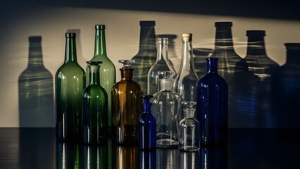 Moody still life of glass bottles with reflections, abstract shadows