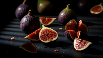 Low key still life of fresh figs cut open, deep shadows