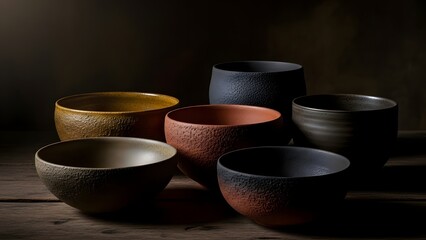 Dark still life of pottery bowls with rough textures, earthy tones