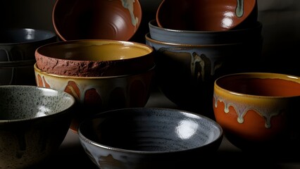 Dark still life of pottery bowls with rough textures, earthy tones