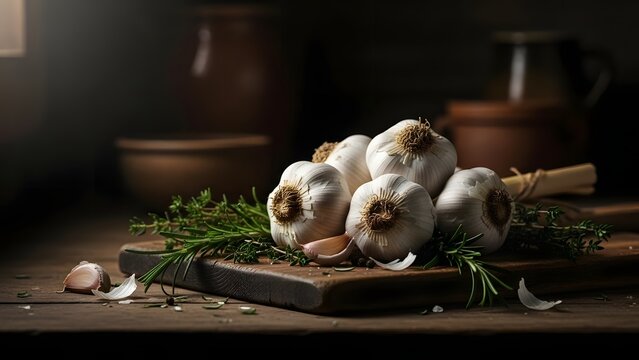 Low key still life of garlic and herbs, rustic kitchen mood