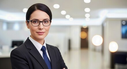 Professional woman in a bank, wearing a suit and glasses, with arms crossed. She is smiling confidently. Modern financial institution interior.