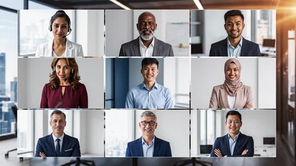 Nine diverse professionals, smiling, in suits, some with headsets, suggesting teamwork and a call center