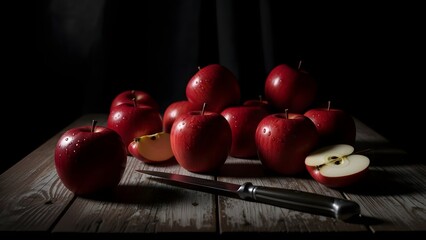 Dark moody still life of red apples on a wooden table, low key lighting, deep shadows