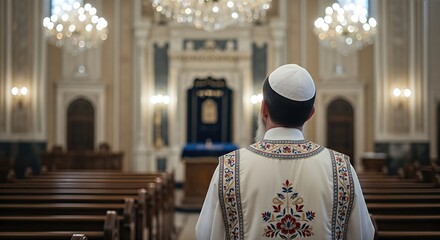 Rabbi in traditional attire stands before an ornate synagogue interior, with wooden pews and elegant chandeliers, reflecting the spiritual ambiance of Jewish worship and community gathering