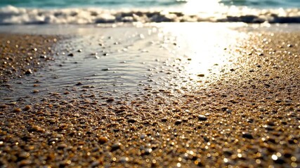 Gentle waves lapping on the sandy beach at sunset