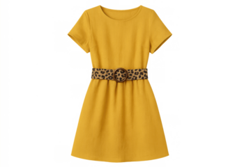 Yellow short-sleeve dress with leopard print belt. Women's casual fashion apparel for springtime and summer wardrobe