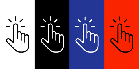 A set of colorful clicking hand cursor icons for web design and user interface, featuring white, black, blue, and red colors