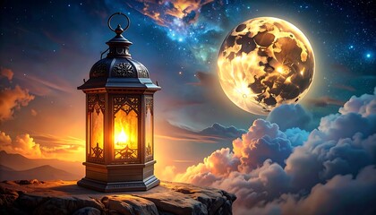Ornate lantern glows warmly atop a rocky outcrop under a bright moon and dramatic sky