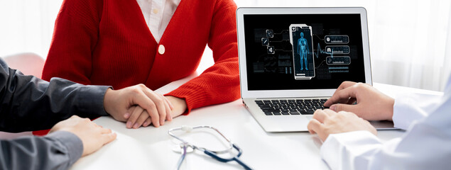 Medical science technology and futuristic healthcare virtual computer software analyze human health and diagnose disease for doctor data and medical research. brisk