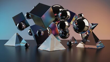 Dynamic 3D render of abstract geometric shapes featuring reflective metallic spheres iridescent glass cubes and transparent pyramids creating a futuristic and modern art composition with vibrant ligh. - Powered by Adobe