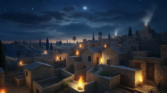Panoramic view of an ancient biblical village at night under a starry sky. Historical middle eastern town with stone houses and streets illuminated by torchlight and fire