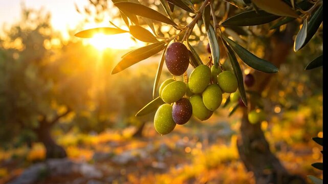 Olive branch with olives in sunset light.