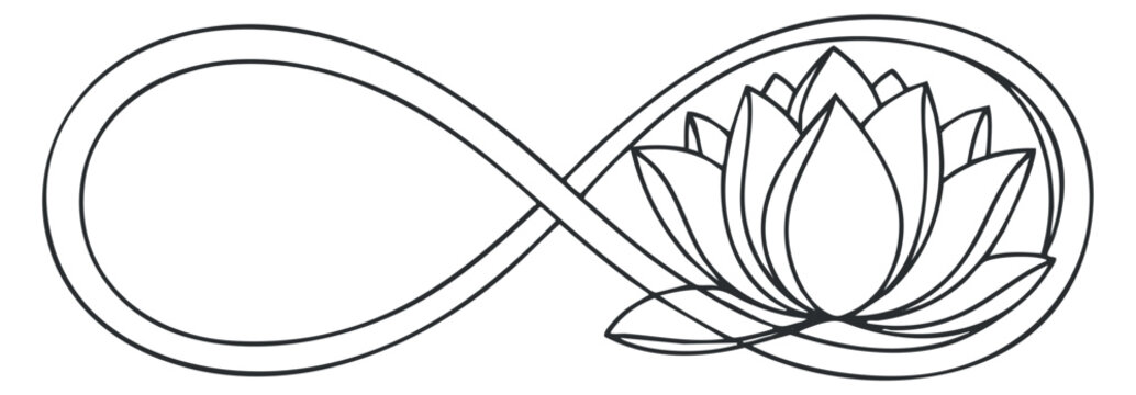An infinity symbol intertwined with a lotus flower in black and white outline vector style, ideal for wellness and spiritual designs