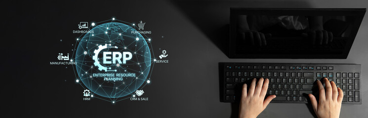 ERP platform visual showing centralized system for enterprise resource planning, improving integration, data flow, business efficiency, finance, inventory, and human resources. Spline