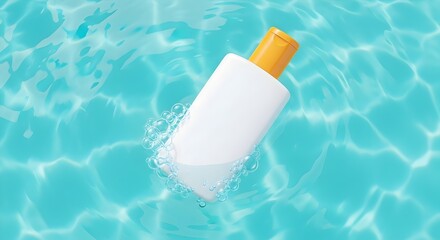 White sunscreen bottle floating in turquoise water with fresh summer bubbles