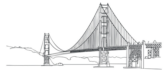 Fototapeta premium A detailed outline illustration of a suspension bridge in minimalist vector style, suitable for architectural designs or travel brochures
