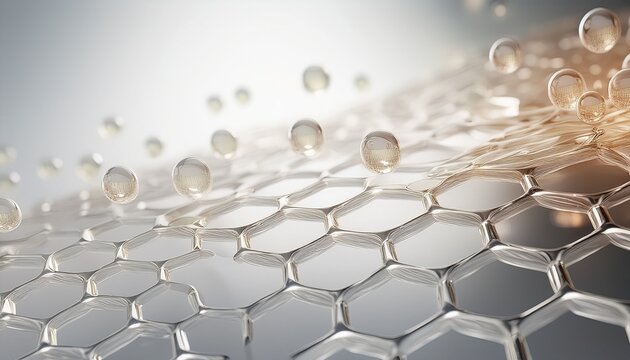 3d skin cell matrix with hyaluronic acid molecules bonding with moisture particles white background and soft reflections