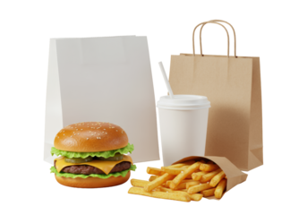 overhead, photorealistic display of a gourmet cheeseburger, salted french fries, and transparent mockup delivery bags on a seamless beige studio backdrop, concept for fast food delivery branding
