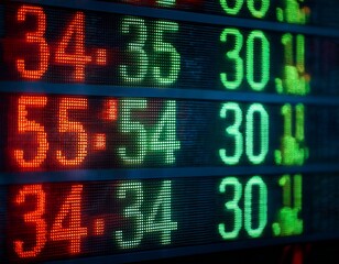 a colorful digital stock market ticker with green and red numbers and glowing effects for financial themes