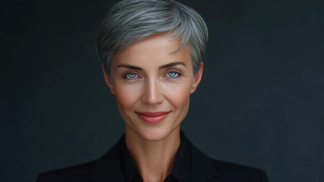 Female executive with short gray hair and piercing blue eyes looking directly into the camera, suggesting confidence and assertiveness in professional life.