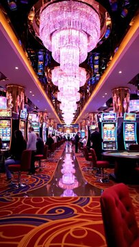 Opulent casino interior, lavish chandeliers, poker tables, and slot machines. People playing and gambling