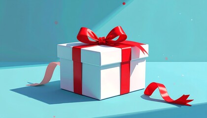 Gift box, white with red ribbon, casting shadows on a blue surface, scattered with red dots
