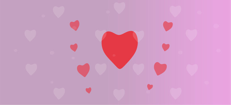 View of a red heart in the center and other smaller hearts around iton a gradient pink background.