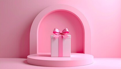 Gift box with a pink ribbon on round platform under pink arch