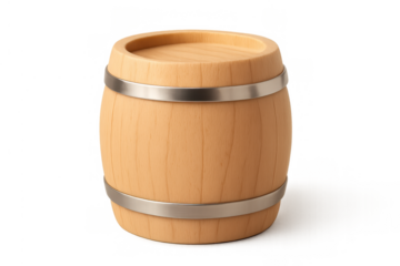 Wooden barrel with metal bands. Storing and aging alcoholic beverages. Isolated on a transparent background
