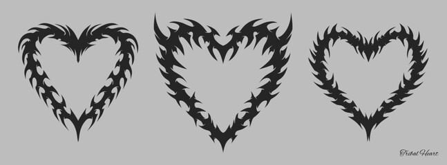 Heart shaped neo tribal tattoo design set y2k style, cybersigilsm heart shaped tribal design