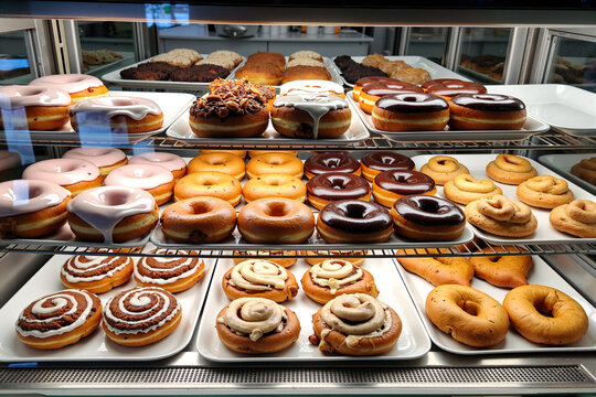Variety of sweet glazed donuts and cinnamon rolls arranged on trays in glass display case of bakery shop or cafe for delicious breakfast food selection concept
