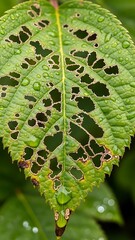 A close-up view of a green leaf with numerous holes and water droplets, showing signs of damage from pests or disease.