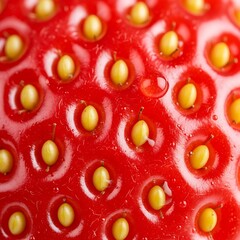 Extreme close-up macro shot of a vibrant red strawberry surface with yellow seeds and tiny water droplets, showcasing its intricate texture.