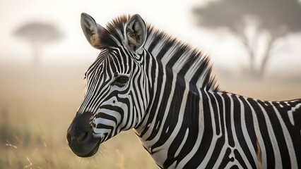 Naklejka premium Close-up portrait of a majestic zebra with striking black and white stripes in the golden light of an African savanna morning.