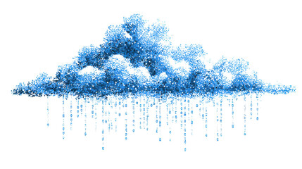 Abstract digital cloud made of data particles with falling binary rain representing cloud computing technology concept isolated on white background