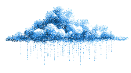 Abstract digital cloud made of data particles with falling binary rain representing cloud computing technology concept isolated on white background