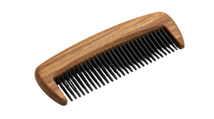 Natural wooden hair comb with fine black teeth for grooming styling and beard care product isolated on white background