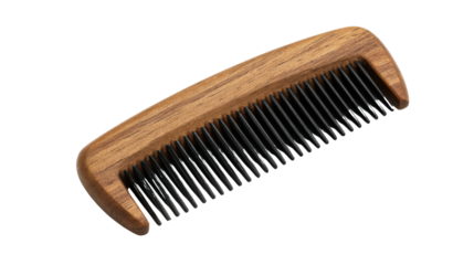 Natural wooden hair comb with fine black teeth for grooming styling and beard care product isolated on white background