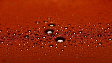 Close-up view of numerous water droplets on a smooth reddish-brown surface, with three larger drops in focus.