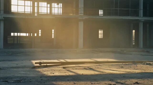 Sunlit construction site with dust particles in the air, showcasing beams and unfinished structures