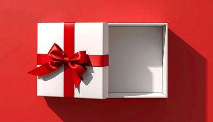 Gift box with red ribbon sits open on red surface, bathed in bright light and casting a harsh shadow