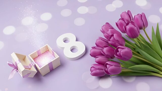 International women's day celebration with purple tulips and a sparkling gift box opening. Festive march 8th holiday flat lay with flowers and a present on a lavender background - Powered by Adobe