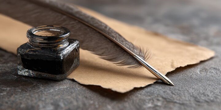 literary heritage, aged parchment, quill pen, and inkwell in a detailed flat lay capture historical writing and literacy