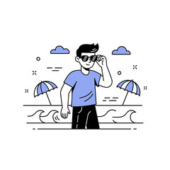 Obraz premium Stylized beach scene with male character in sunglasses and blue sky