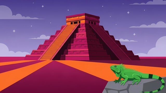 A green iguana rests on a rock in front of a colorful mayan pyramid at night