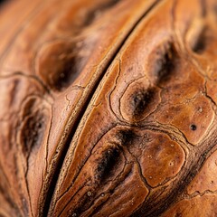 Detailed close-up of a textured brown walnut shell with intricate patterns and a central seam.