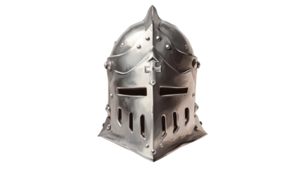 Medieval steel knight helmet with cross symbol, historical armor head protection concept representing chivalry, battle, warrior heritage isolated on black background